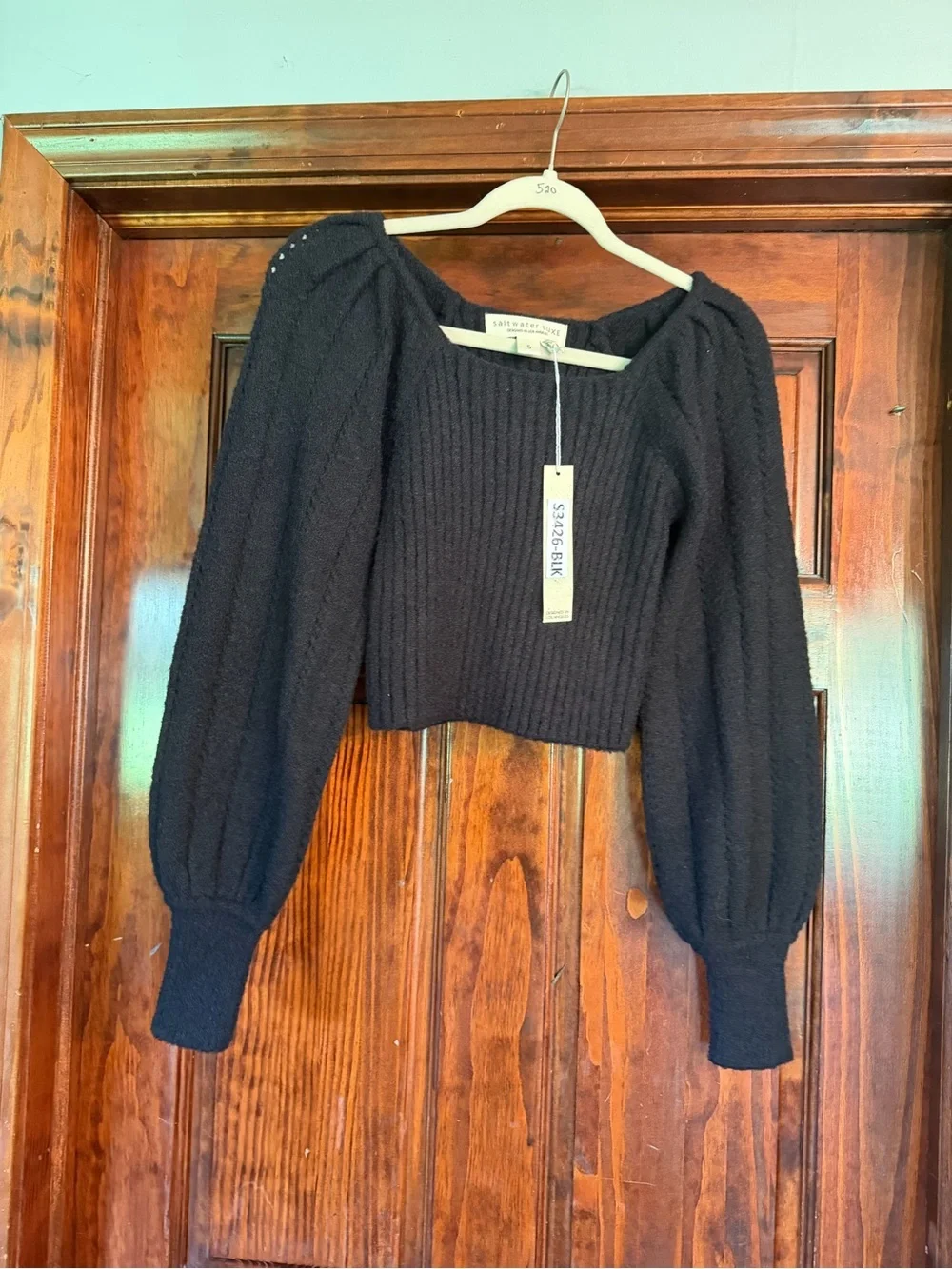 saltwater LUXE Black Off-the-Shoulder Cropped Puff-Sleeve Sweater